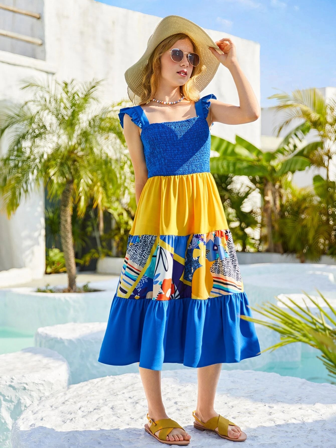 Teen Girls Tropical Print Ruffle Hem Dress