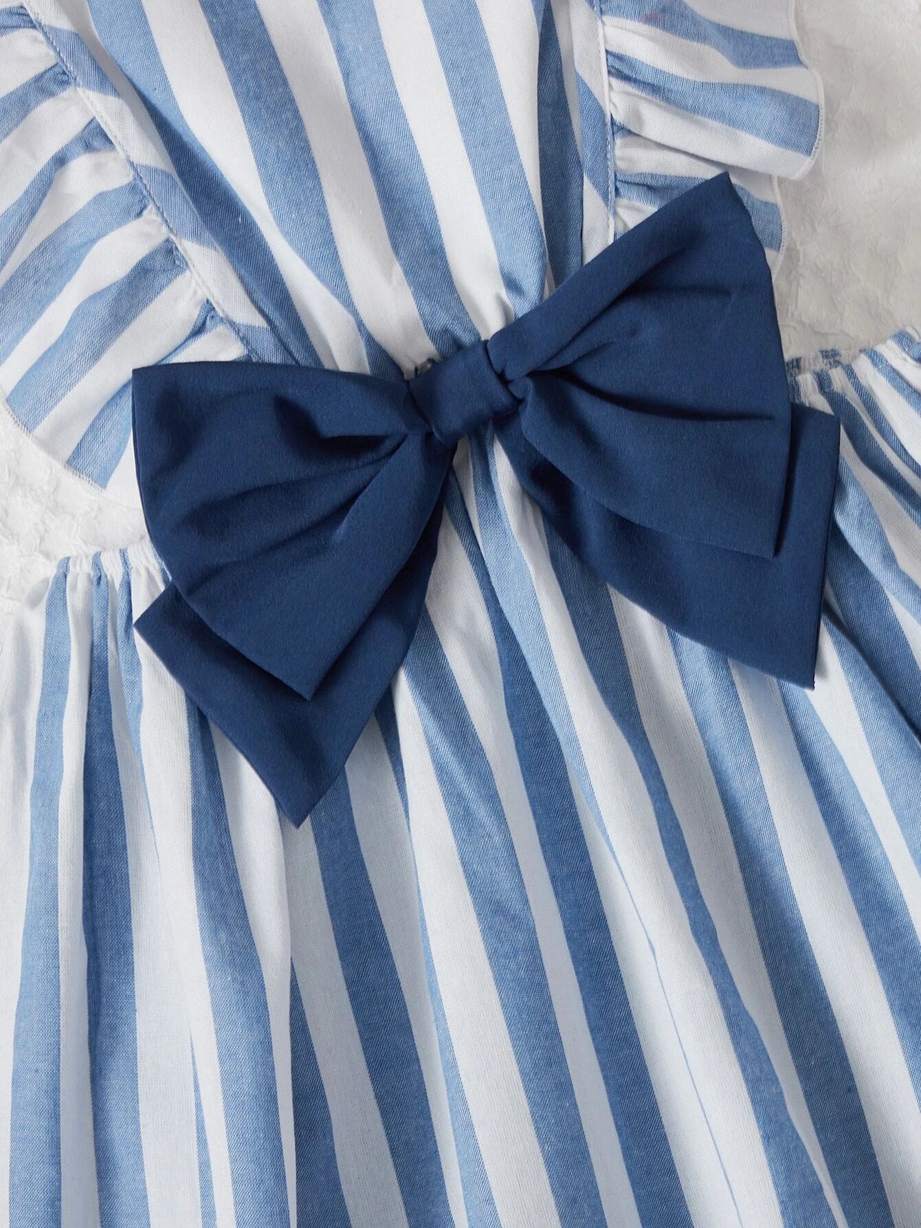 Girls Striped Print Ruffle Trim Bow Front Dress