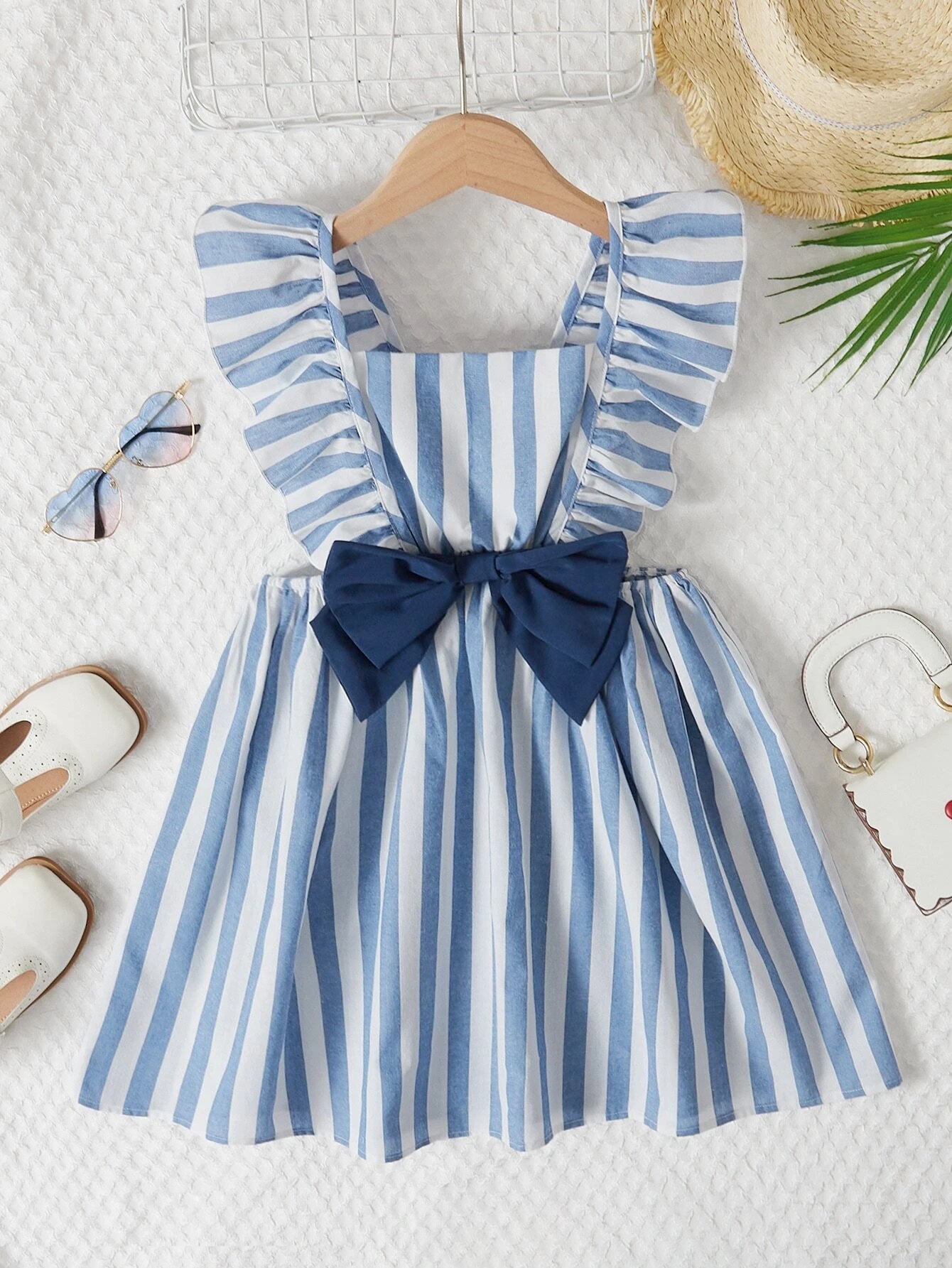 Girls Striped Print Ruffle Trim Bow Front Dress