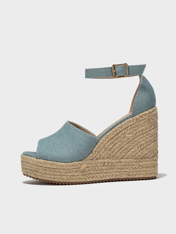 Vacation Court Wedges For Women, Denim Peep Toe Ankle Strap Espadrille Wedges Shoes