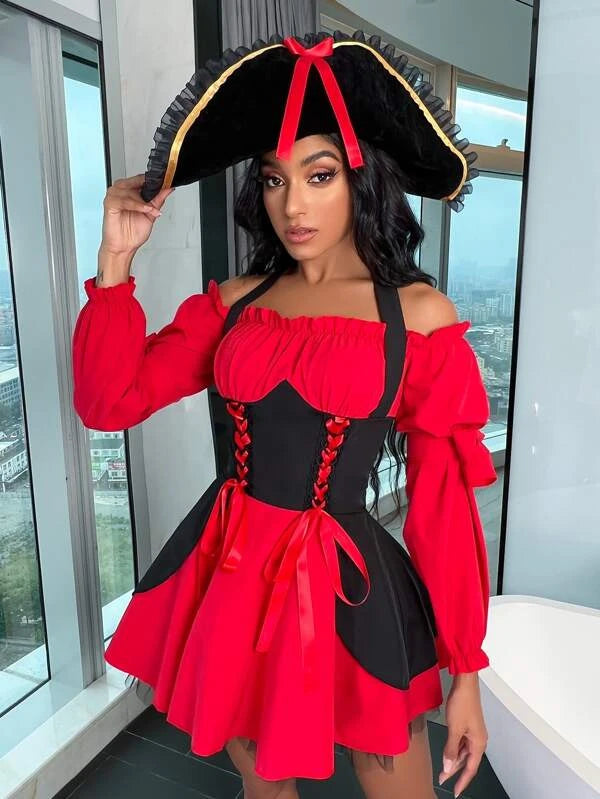 Colorblock Lace Up Front Halloween Costume Dress With Hat