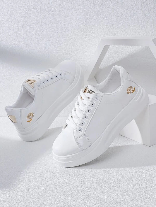 White Metallic Detail Floral Embroidered Lace-Up Front Skate Shoes