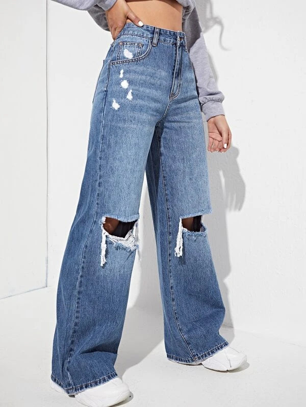 High Waisted Ripped Wide Leg Jeans