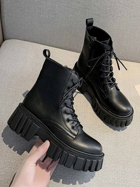 Women Black Lace Up Minimalist Side Zip Flat Artificial Microfiber Leather Combat Boots