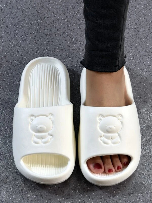 Women Cartoon Bear Embossed Slides Fashion Slippers White