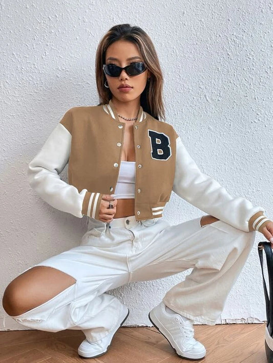 Letter Patched Detail Striped Trim Drop Shoulder Crop Varsity Jacket