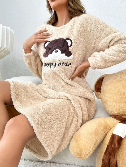 Bear & Letter Embroidery Raglan Sleeve Flannel Nightdress