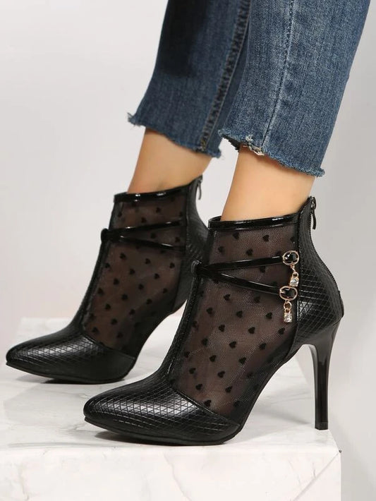 Heart Mesh Panel Zip Back Stiletto Heeled Boots