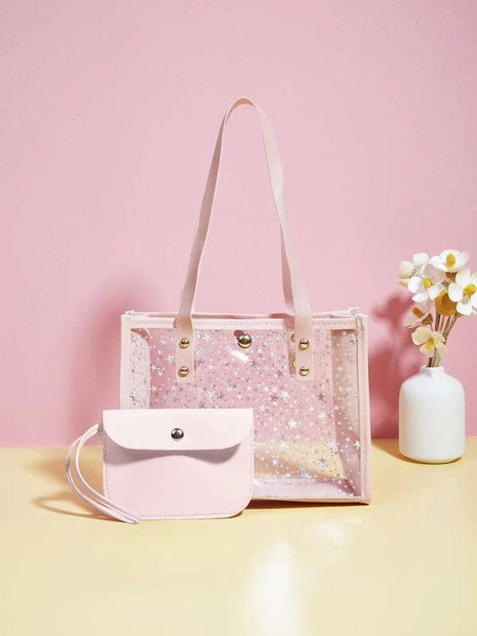 Clear Star Pattern Shoulder Tote Bag With Clutch Bag