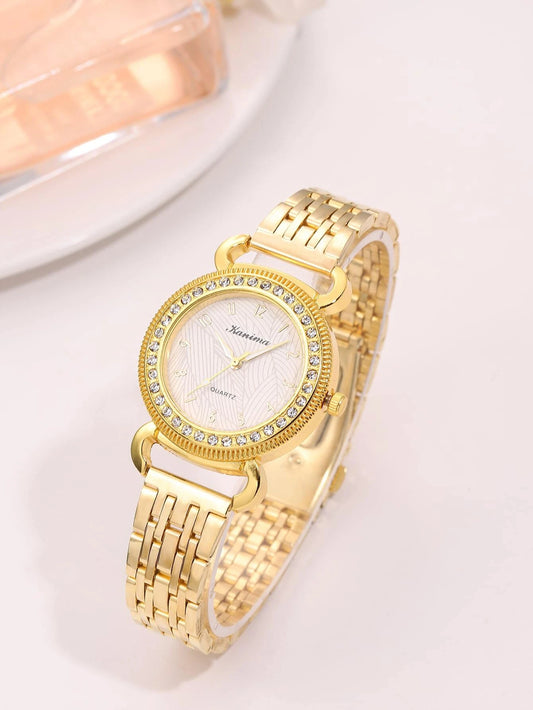 1pc Women Gold Stainless Steel Strap Glamorous Rhinestone Decor Round Dial Quartz Watch, For Daily Decoration