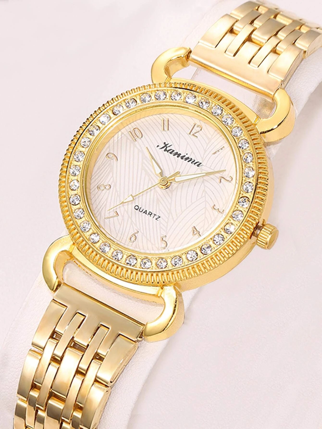 1pc Women Gold Stainless Steel Strap Glamorous Rhinestone Decor Round Dial Quartz Watch, For Daily Decoration