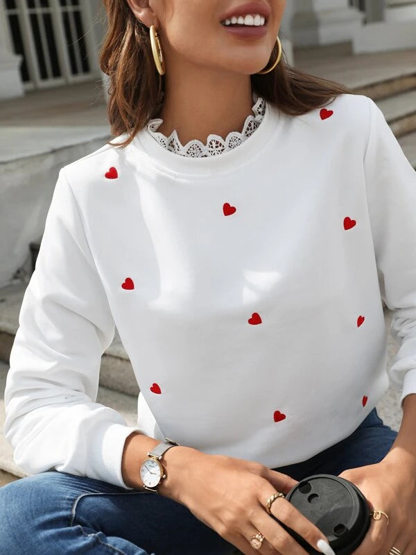 Frenchy Heart Embroidery Lace Trim Sweatshirt