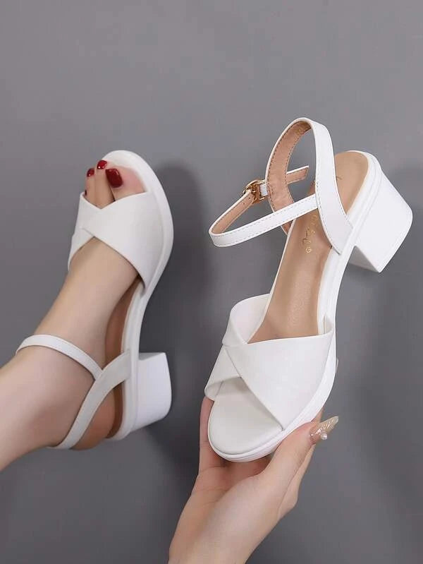 Women Chunky Heeled Ankle Strap White Sandals
