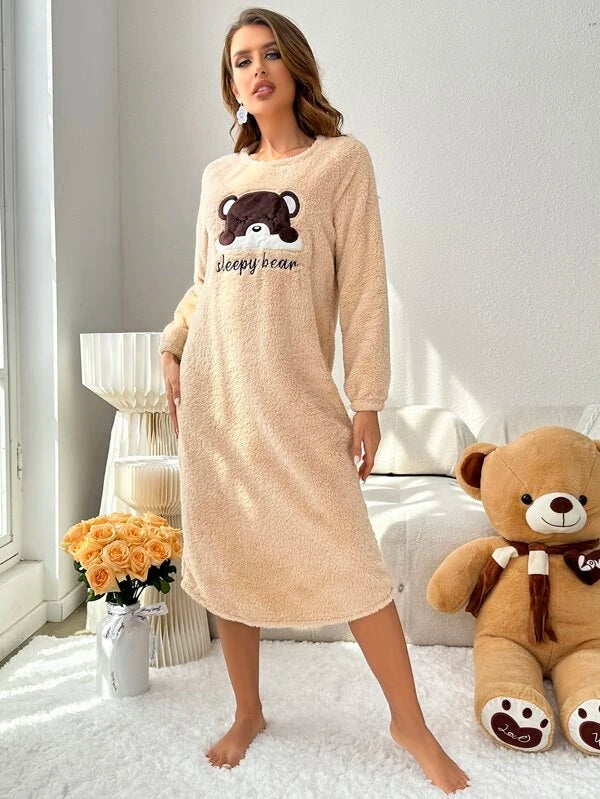 Bear & Letter Embroidery Raglan Sleeve Flannel Nightdress