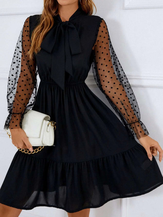 Dobby Mesh Flounce Sleeve Tie Neck Ruffle Hem Dress