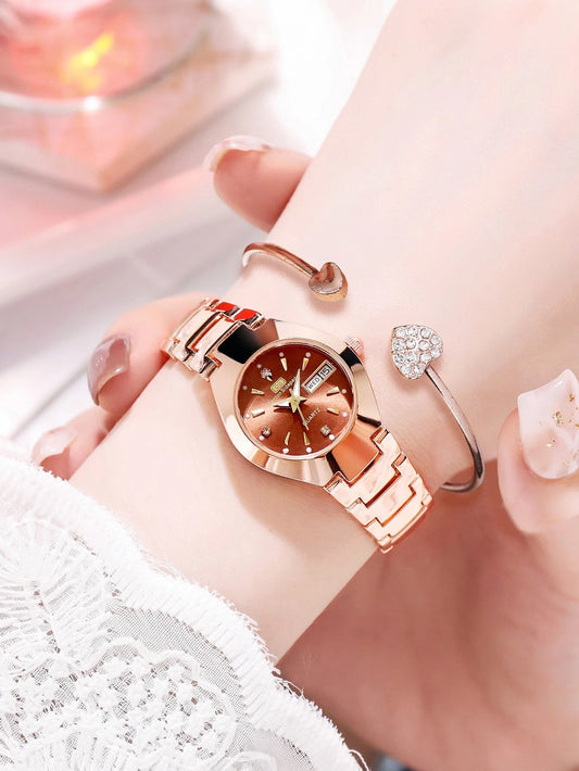 1pc Rhinestone Decor Round Pointer Quartz Watch & 1pc Bracelet