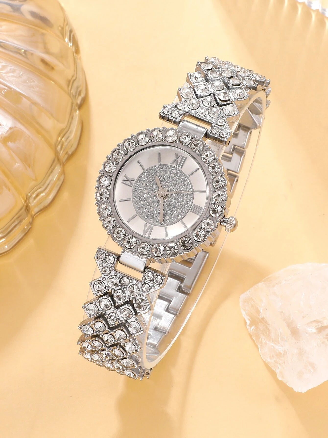 1pc Rhinestone Decor Round Dial Quartz Watch & 5pcs Bracelet