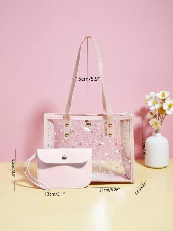 Clear Star Pattern Shoulder Tote Bag With Clutch Bag