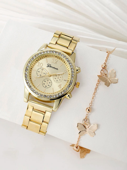 1pc Women Gold Stainless Steel Strap Business Rhinestone Decor Round Dial Quartz Watch & 1pc Butterfly Decor Bracelet, For Daily Life