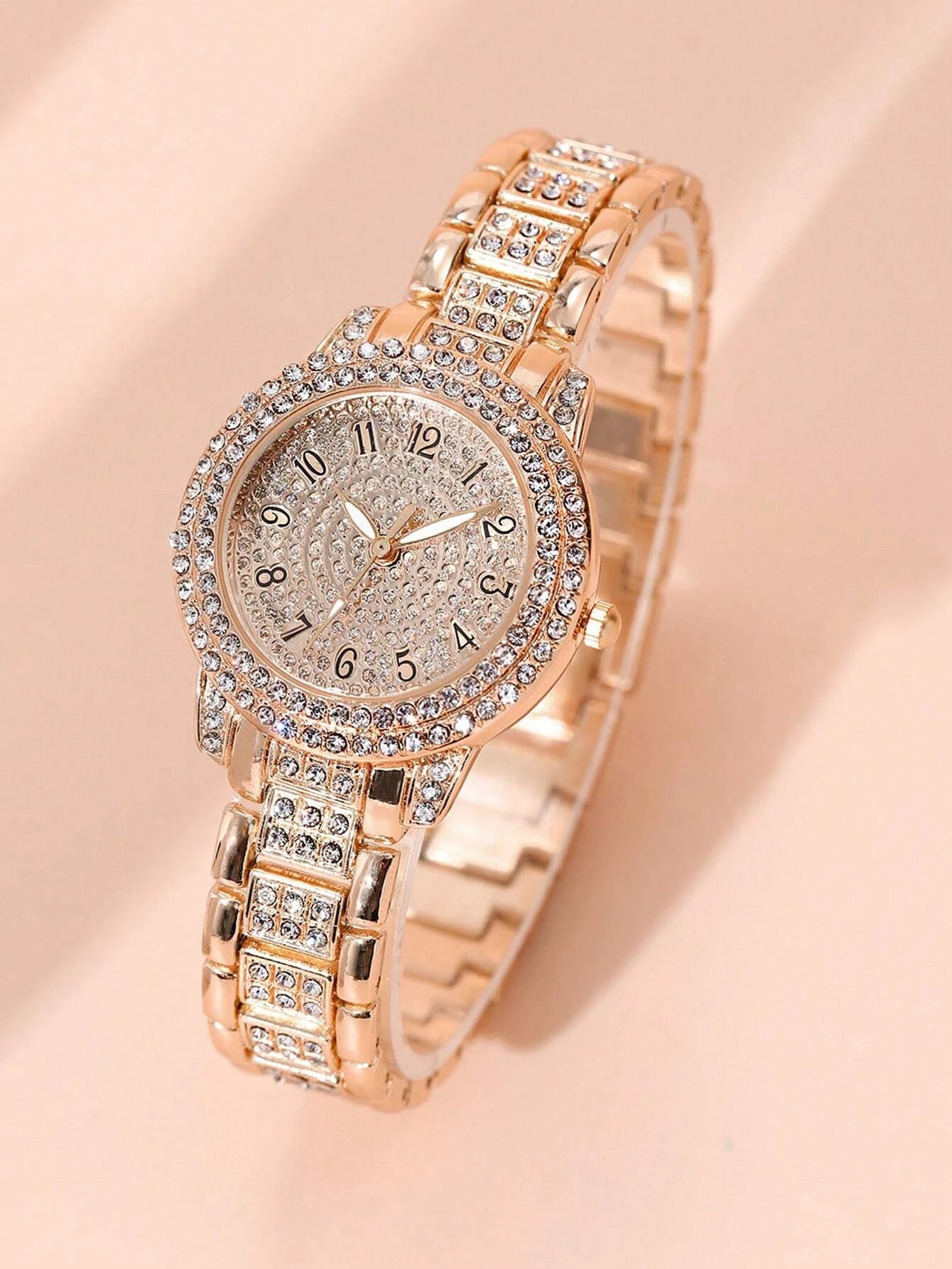 1pc Women Rose Gold Stainless Steel Strap Glamorous Rhinestone Decor Round Dial Quartz Watch & 1pc Bracelet, For Daily Life