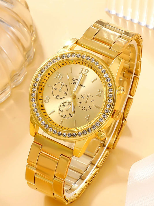 1pc Women Gold Stainless Steel Strap Glamorous Rhinestone Decor Round Watch, For Daily Life