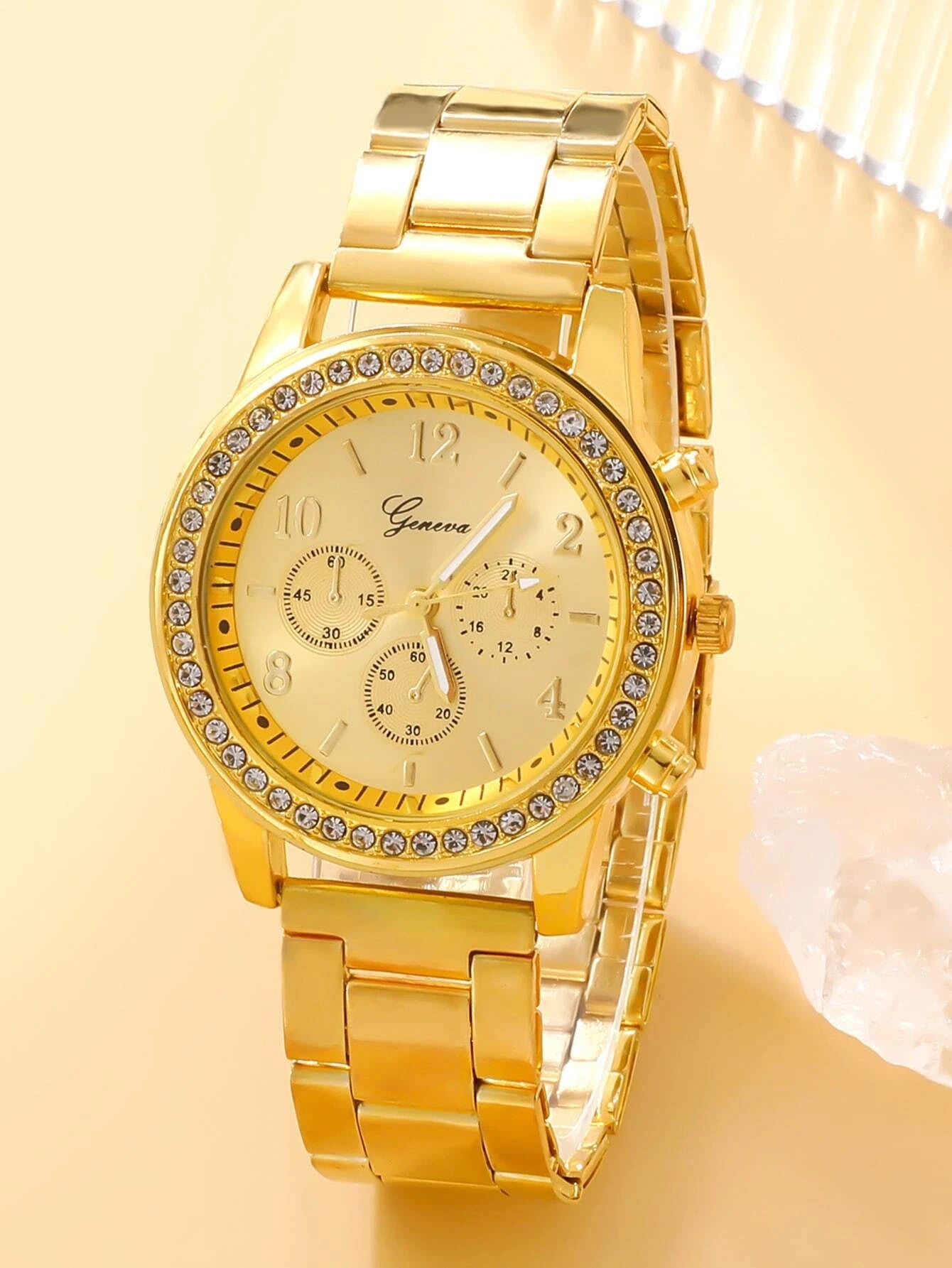 1pc Women Gold Stainless Steel Strap Glamorous Rhinestone Decor Round Watch, For Daily Life