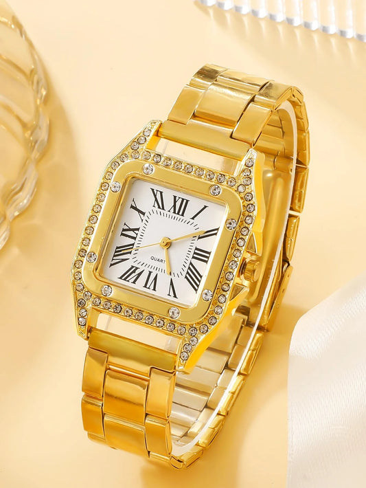 1pc Women Gold Stainless Steel Strap Glamorous Rhinestone Decor Square Dial Quartz Watch, For Daily Life