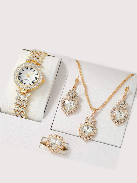 Rhinestone Decor Quartz Watch & 4pcs Rhinestone Decor Jewelry Set