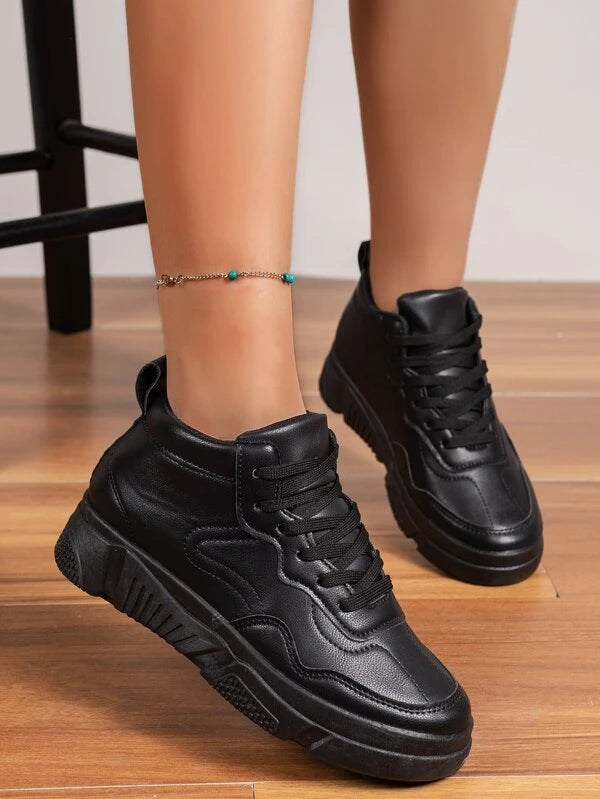 Women Lace-up Front High Top Casual Shoes, Sporty Black Skate Shoes