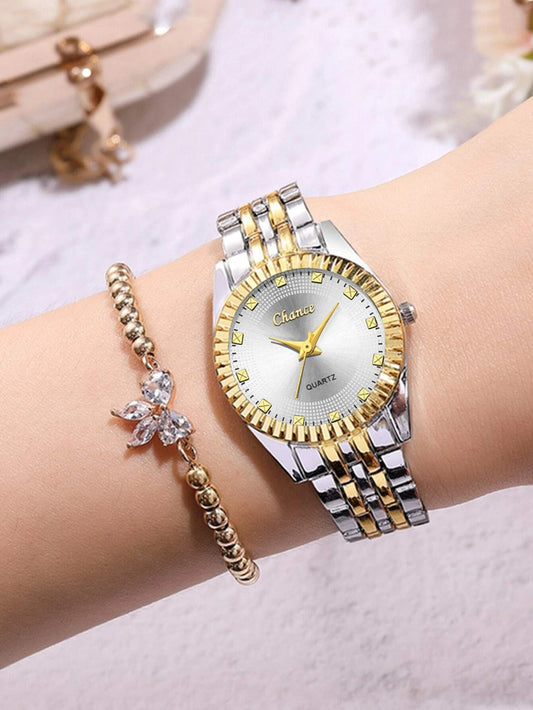 1pc Two Tone Strap Quartz Watch & 1pc Bracelet