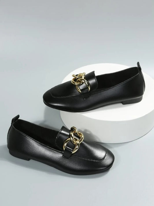 Chain Decor Square Toe Flat Loafers