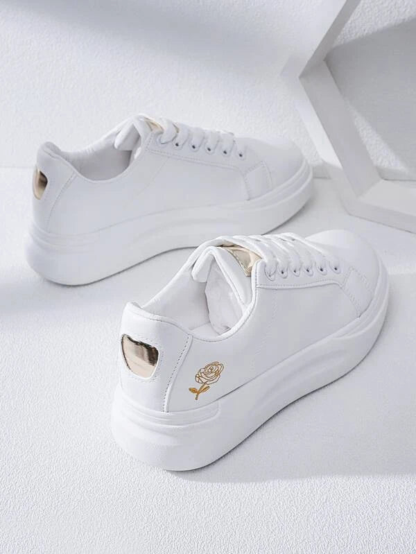 White Metallic Detail Floral Embroidered Lace-Up Front Skate Shoes