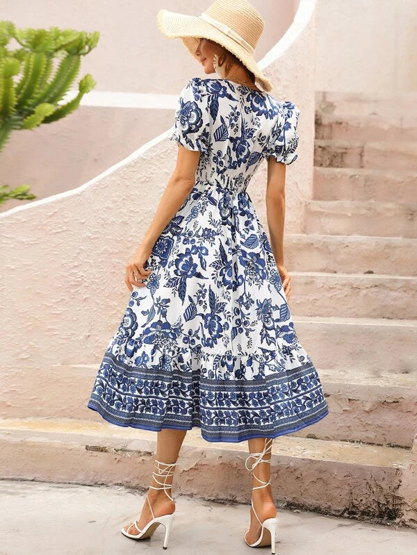 Allover Floral Print Puff Sleeve Surplice Neck Dress