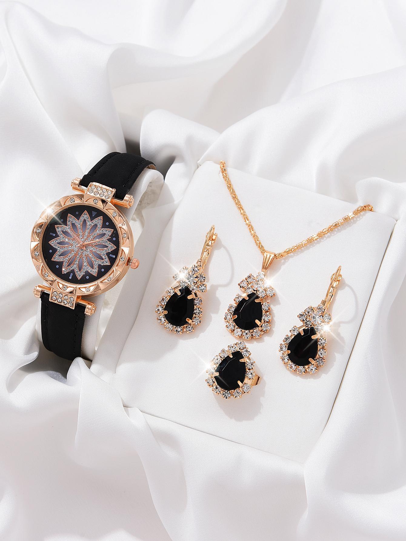 1pc Rhinestone Decor Quartz Watch & 4pcs Jewelry Set