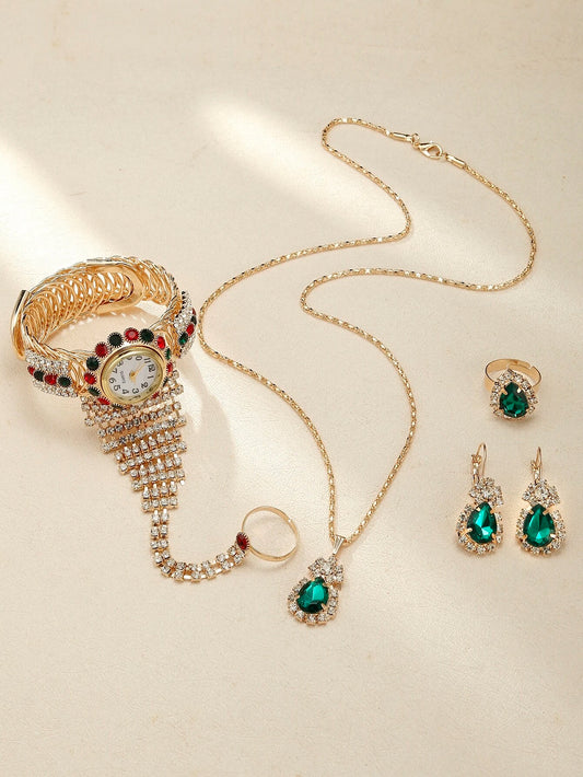 1pc Women Gold Stainless Steel Strap Glamorous Rhinestone Decor Round Dial Mittens Quartz Watch & 4pcs Jewelry Set, For Daily Life