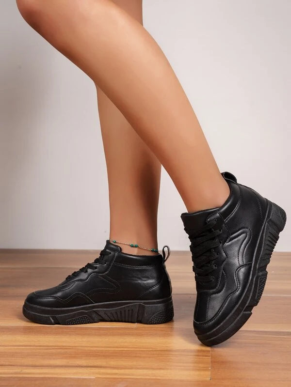 Women Lace-up Front High Top Casual Shoes, Sporty Black Skate Shoes