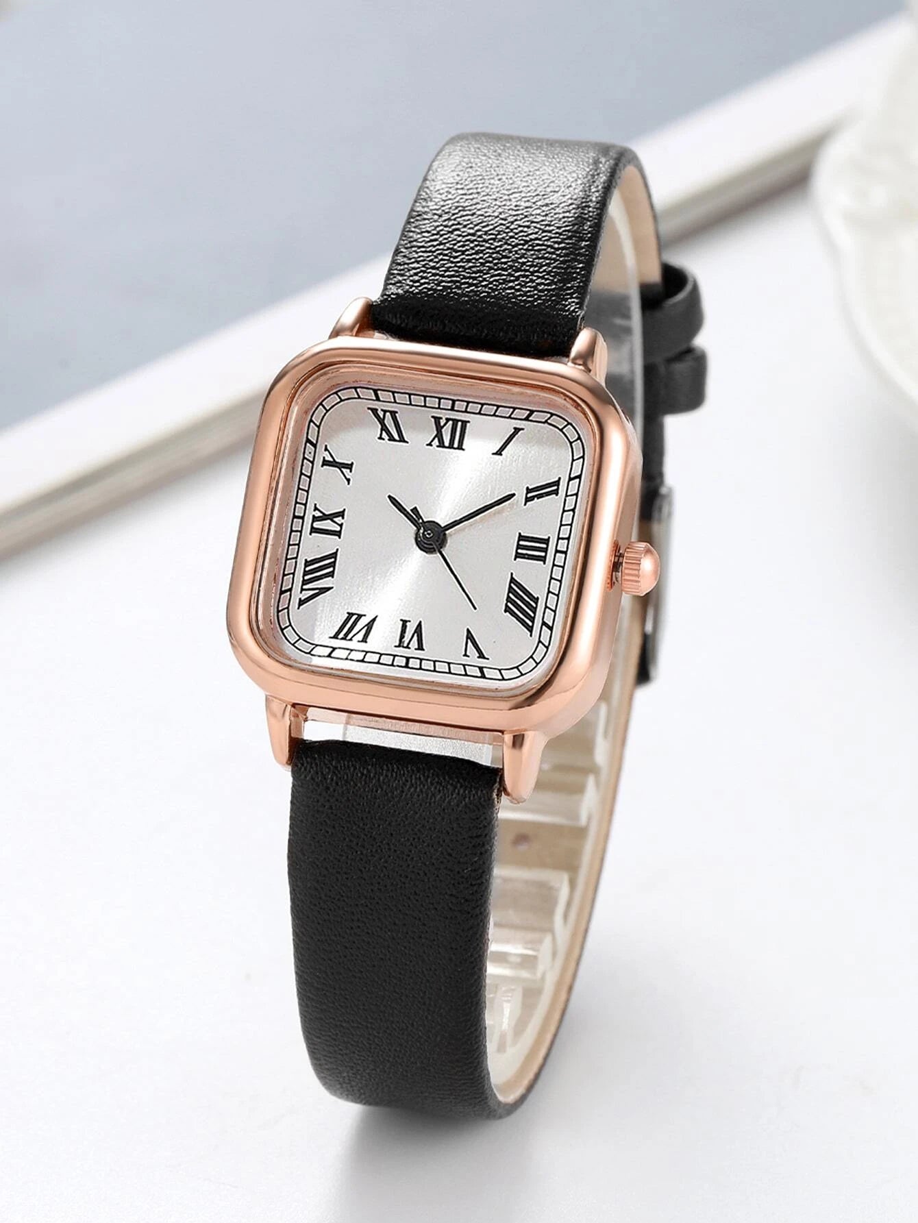 1pc Women Black PU Polyurethane Strap Casual Square Dial Quartz Watch & 1pc Rhinestone Heart Decor Bracelet, For Daily Life