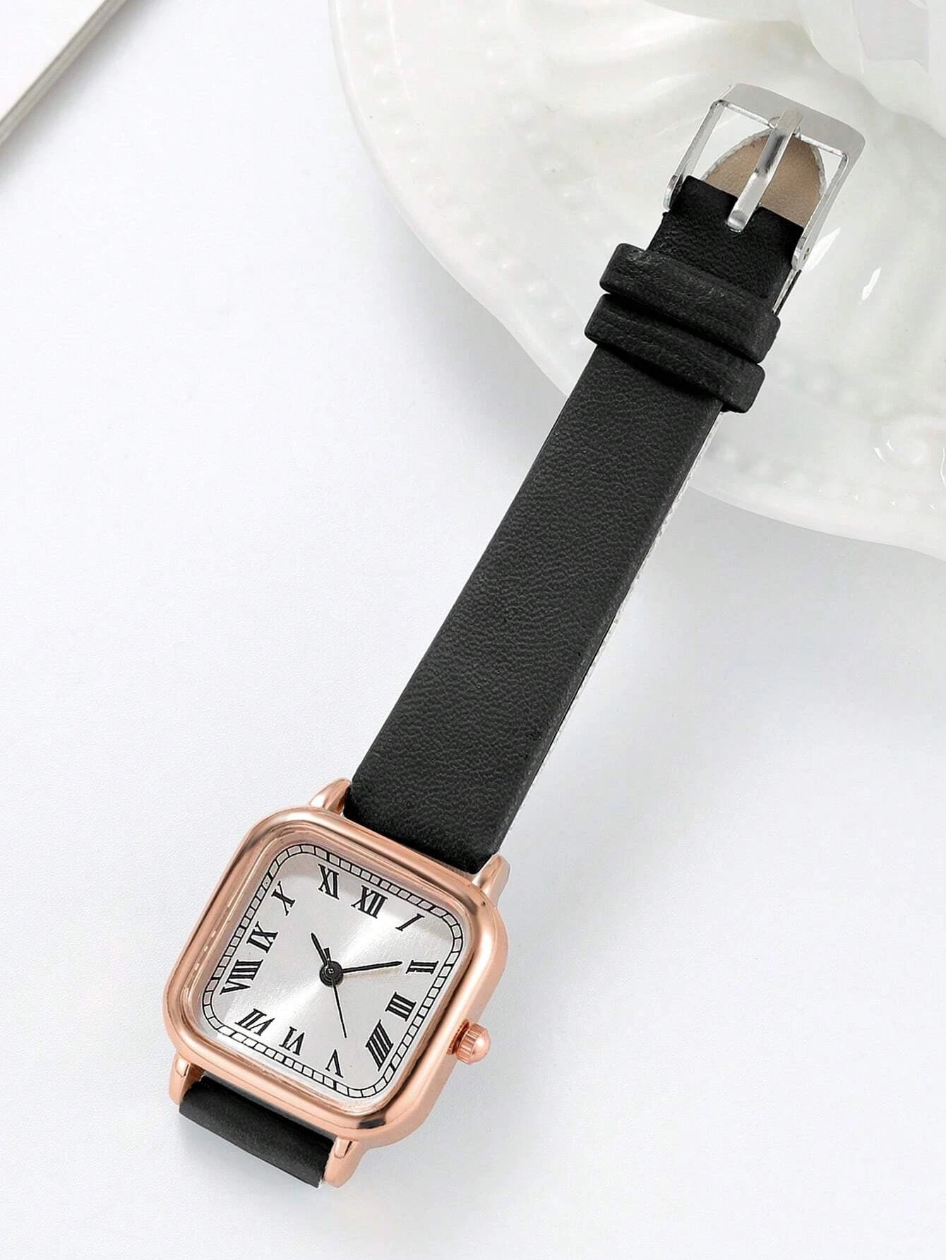 1pc Women Black PU Polyurethane Strap Casual Square Dial Quartz Watch & 1pc Rhinestone Heart Decor Bracelet, For Daily Life