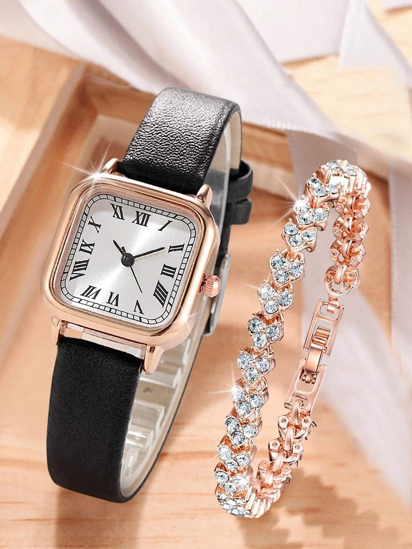 1pc Women Black PU Polyurethane Strap Casual Square Dial Quartz Watch & 1pc Rhinestone Heart Decor Bracelet, For Daily Life