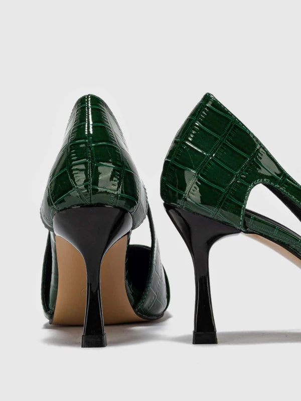 Fashion Green Court Pumps Women Crocodile Embossed Point Toe Pyramid Heeled Pumps