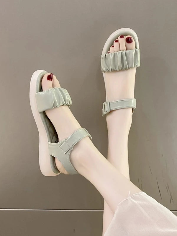 Preppy Ankle Strap Sandals Women Ruched Detail Flat Sandals