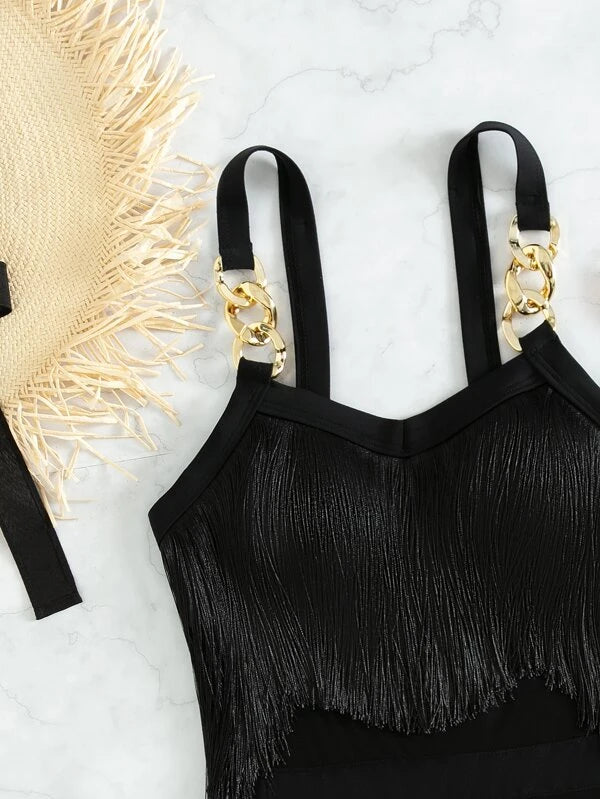 Fringe Chain Linked One Piece Swimsuit