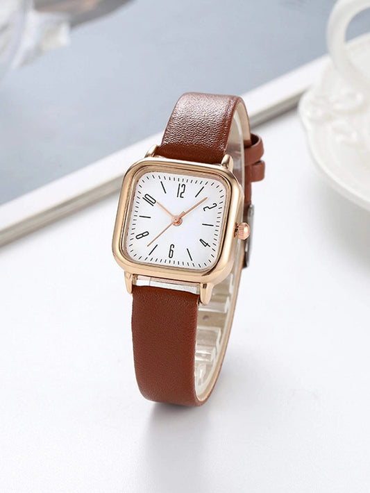 1pc Women Brown PU Polyurethane Strap Casual Square Dial Quartz Watch, For Daily Life