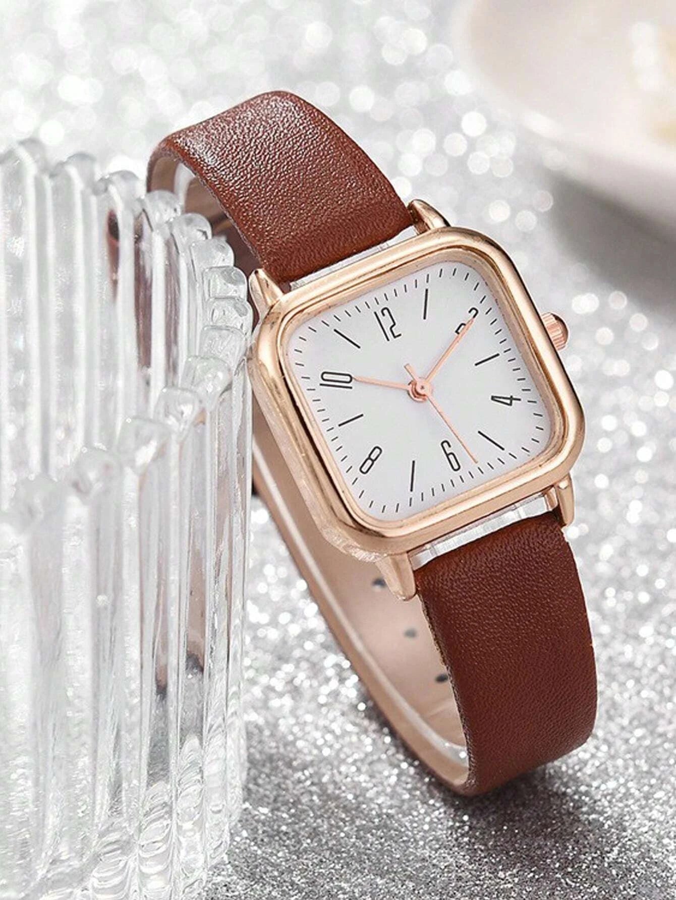 1pc Women Brown PU Polyurethane Strap Casual Square Dial Quartz Watch, For Daily Life