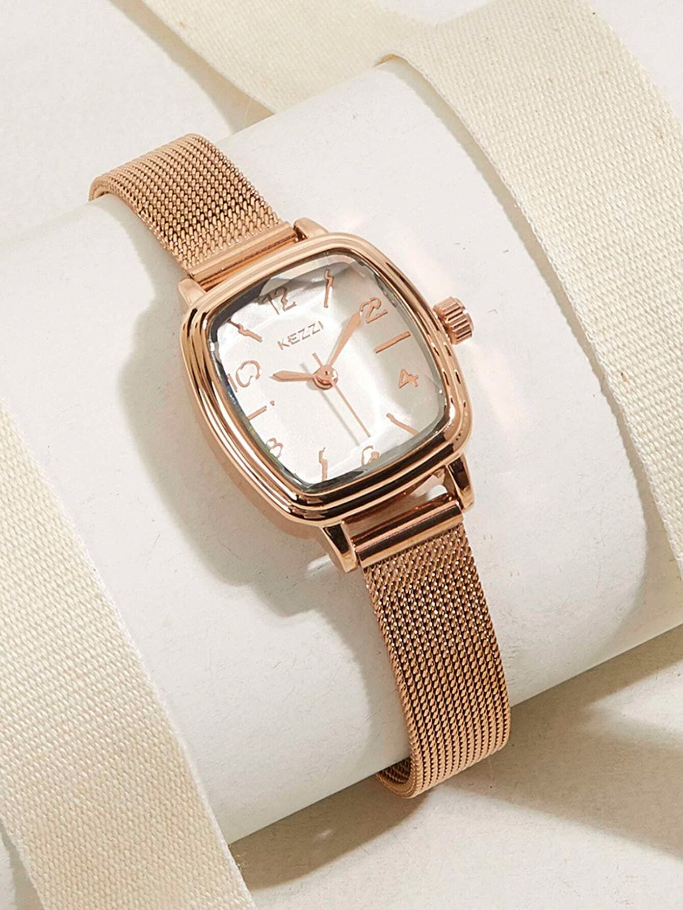 1pc Women Gold Stainless Steel Strap Business Square Dial Quartz Watch, For Daily Life