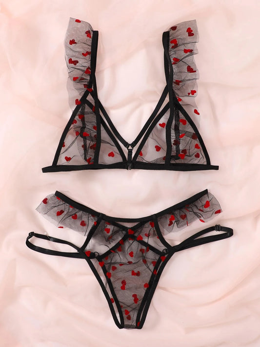 Heart Pattern Mesh Lingerie Set