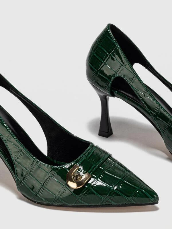 Fashion Green Court Pumps Women Crocodile Embossed Point Toe Pyramid Heeled Pumps