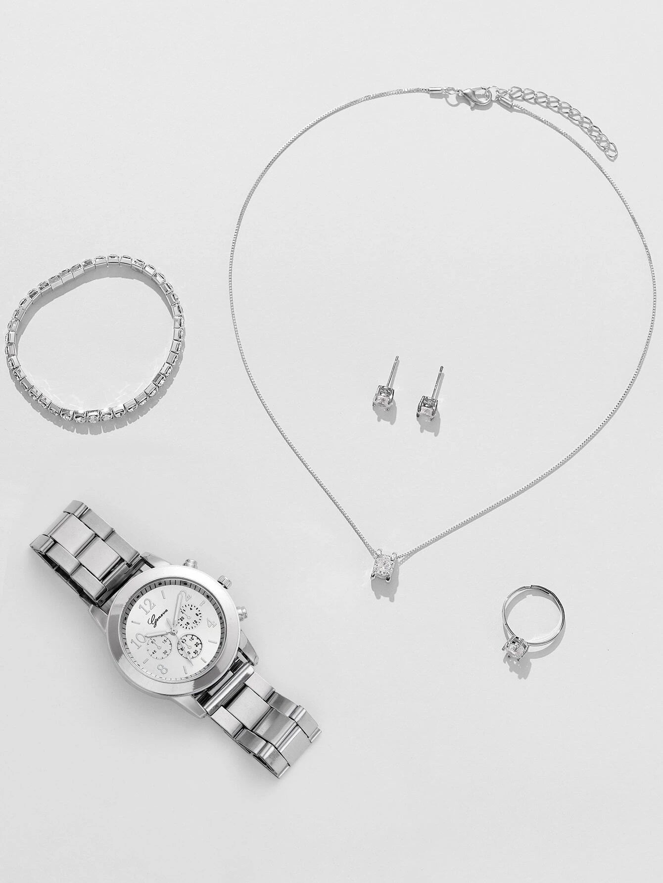 6pcs Cubic Zirconia Decor Jewelry & Watch Set