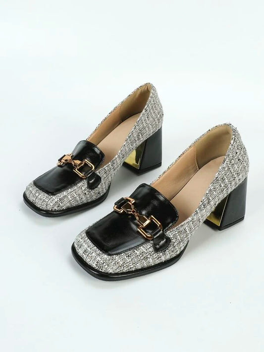 Snaffle Decor Square Toe Chunky Heeled Loafer Pumps