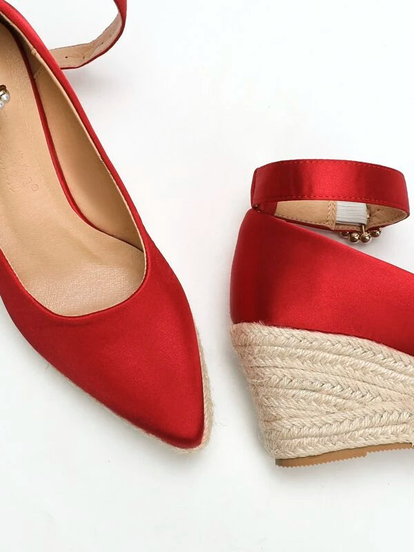 Vacation Court Wedges For Women, Satin Faux Pearl Decor Ankle Strap Espadrille Wedges Shoes